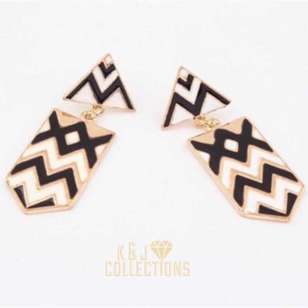 Aztec Patterned Gold White and Black Geometric Dangling Earrings